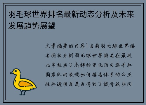 羽毛球世界排名最新动态分析及未来发展趋势展望