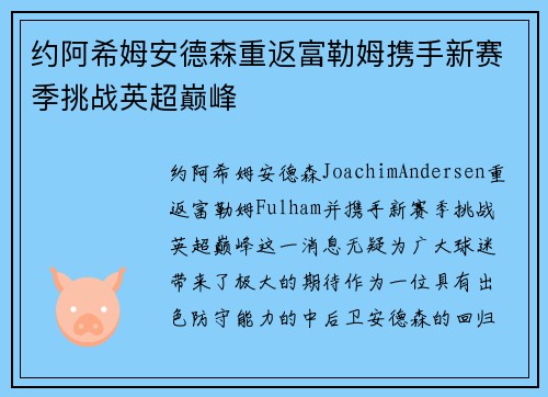 约阿希姆安德森重返富勒姆携手新赛季挑战英超巅峰